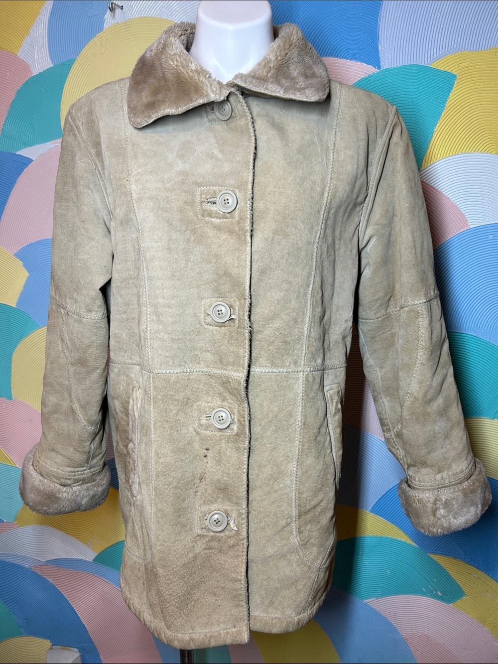 utex design Vintage Cream Button Front Genuine leather Teddy Jacket Women’s Sz M